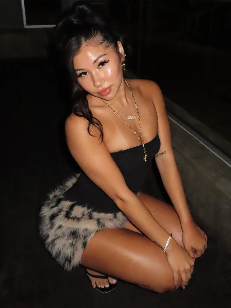 Patchwork Leopard Print Plush Hem Dress Sleeveless Sexy Midnight Hottie Clubwear Wild Fashion Skinny Coquett Mini Bodycon