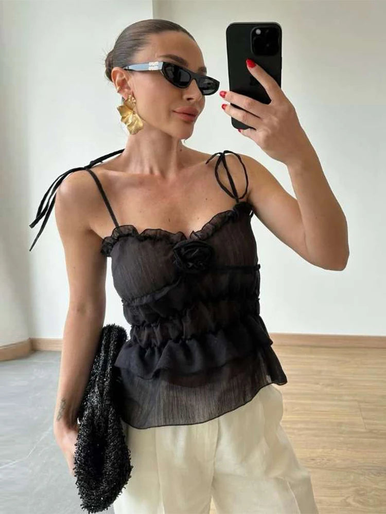 Sexy See Through Camisole Women Summer Trend 3d Flower Decoration Backless Ruffles Hem Street Y2K Style Elegant Tops