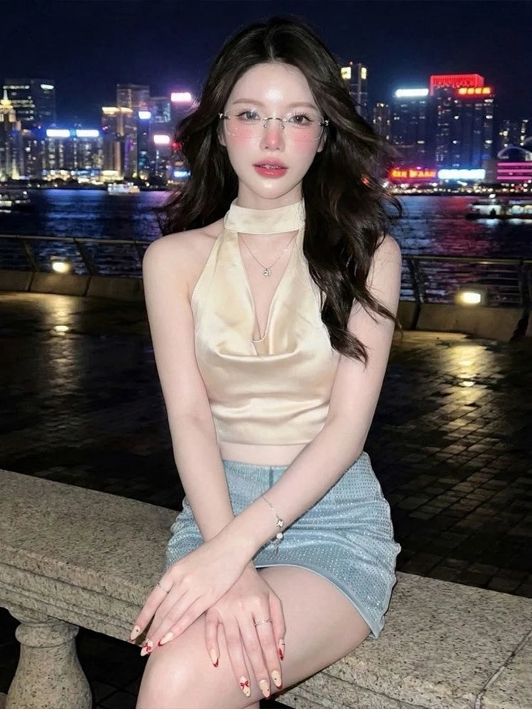 Chic Sweet 2-Piece Set Women Swing Collar Halter Tassel Solid Vest+Fake Diamond Sticker Skirt Summer Fashion Party Suit