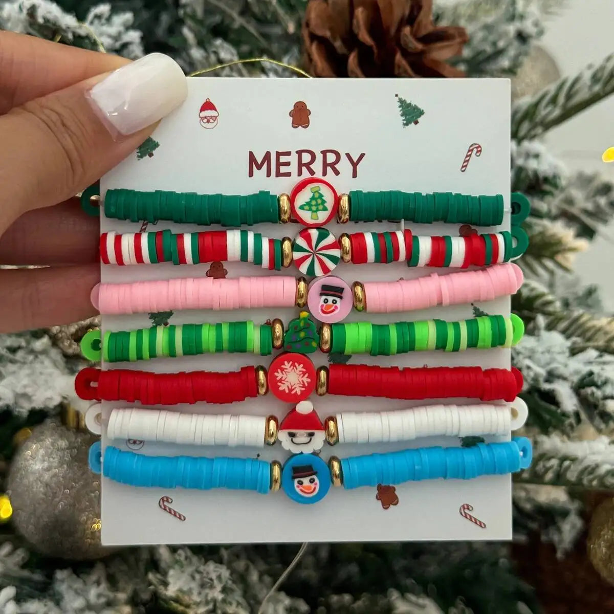 7Pcs/Set New Santa Claus Snowflake Christmas Tree Bracelet for Women Stackable Colorful Soft Ceramic Beaded Bracelet 2026