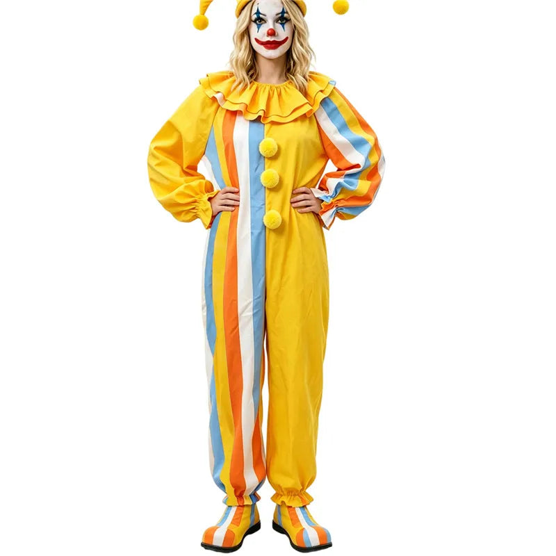 Adult Circus Clown Cosplay Costume Striped Long Sleeve Loose Jumpsuit Ruffled Collar Carnival Fancy Dress