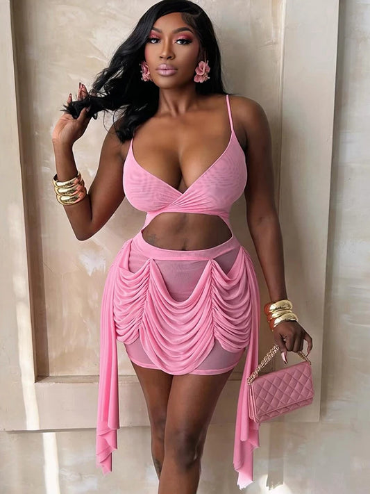 See Through Dress Women Waistless Summer Sexy Sleeveless Ruched Tassel Backless Vacation Midnight Party Club Bodycon