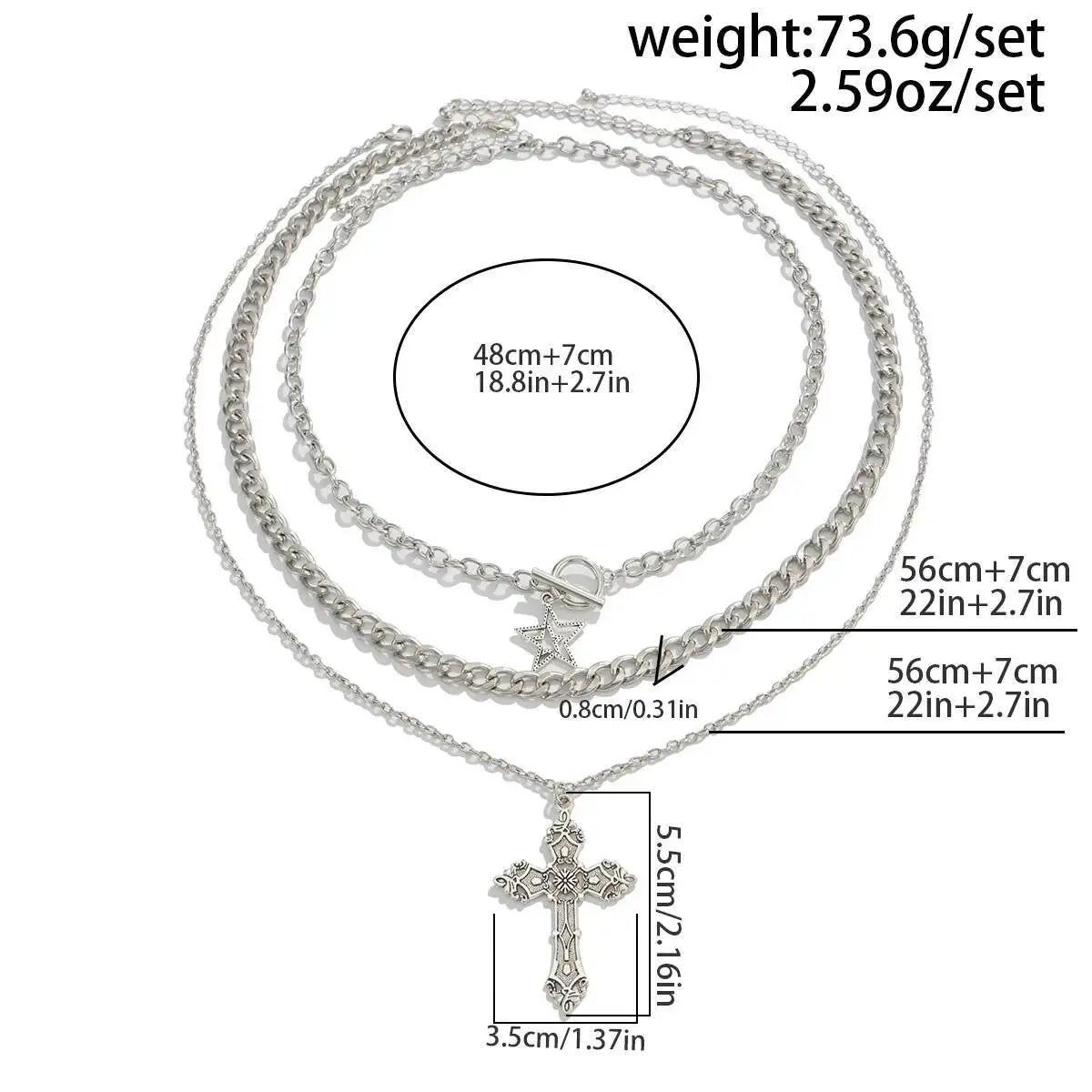 3 Pcs/Set Hip Hop Punk Silver Color Cross Star Pendant Necklace Men Kpop Creative OT Buckle Chain Necklace Daily Jewelry