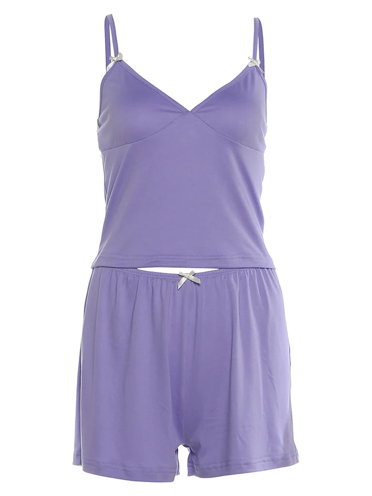 Sporty Streetwear Women Trend Simple 2-Piece Set Trend Fashion Bow Appliques Low Chest Camisole+Shorts Hottie Suits