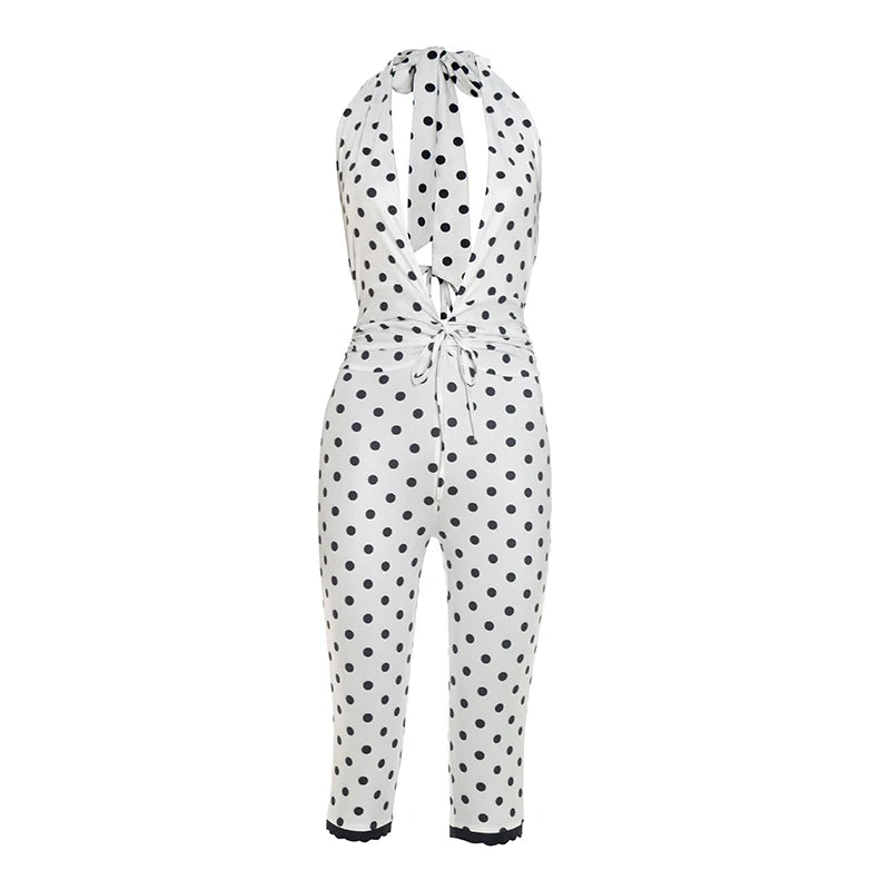 Polka Dot Print Patchwork Lace Playsuit Women Bandage Backless Deep v-Neck Sleeveless Sexy Summer Fashion Outfits
