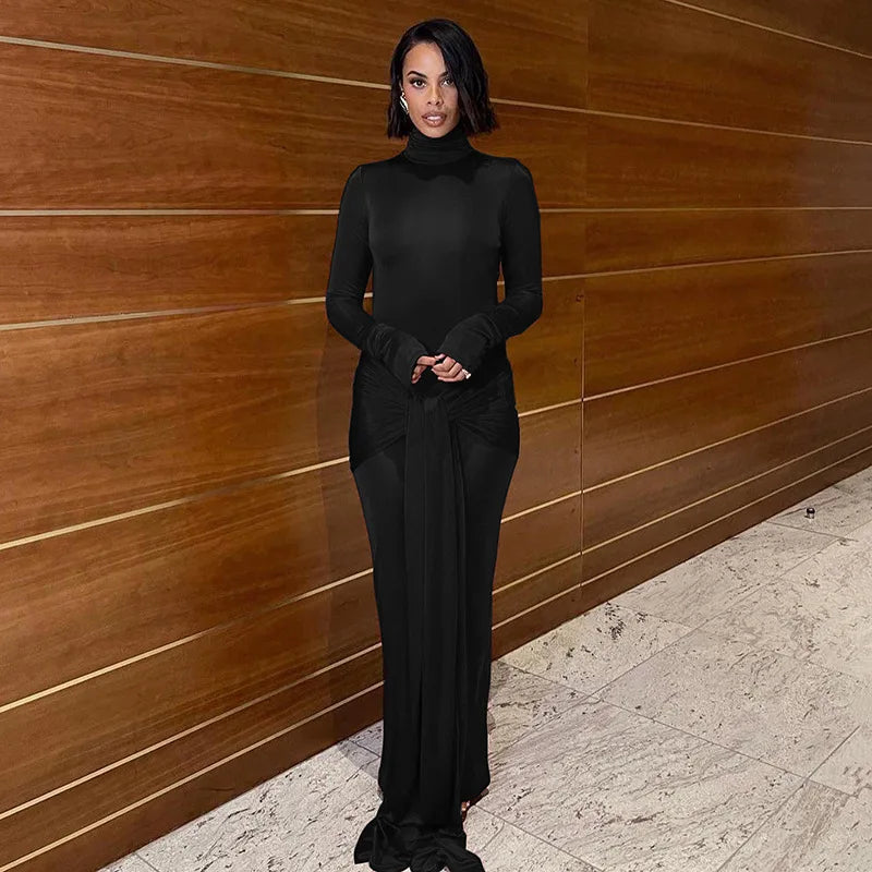 Turtleneck Long Sleeve Maxi Dress For Women Fashion Irregular Bodycon Long Dress Femme Temperament Evening Dress