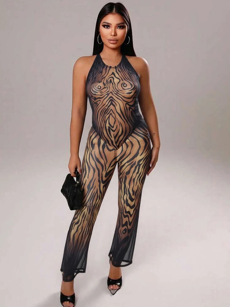 See Through Tiger Print 2-Piece Set Women o-Neck Halter Backless Bandage Vest+Trousers Elasticity Sexy Midnight Suits