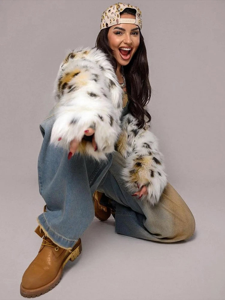 Hipster Furs Leopard Luxury Jacket Women Warm Winter Full Sleeve Streetwear Wild Hipster Midnight Open Collar Chic Coat