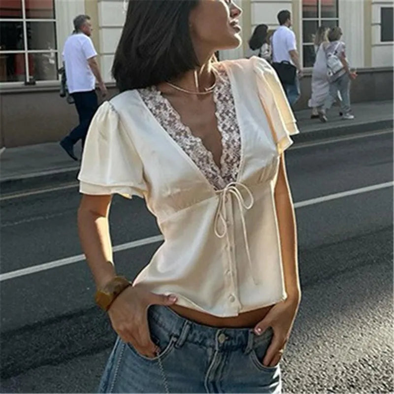 Women's Y2K Satin Lace Trim Blouse V Neck Tie Front Puff Short Sleeve Button Down Fitted Waist Streetwear Summer Top