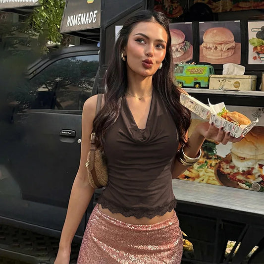 Lace Trim Cowl Neck Halter Tops for Woman Sexy Y2k Clothes Backless Crop Top Tanks Camis Summer 2026