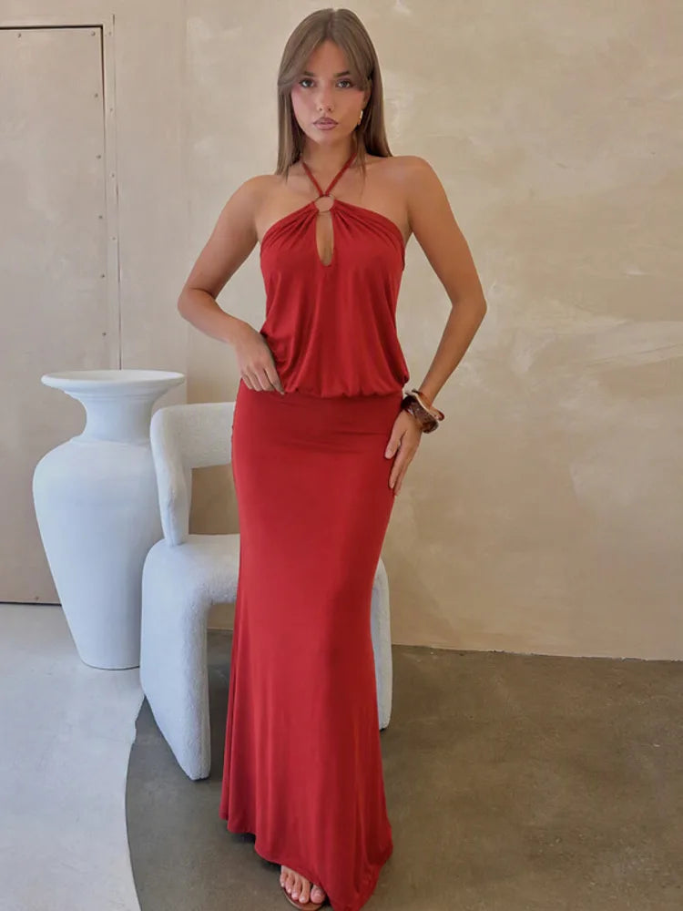 Women Halter Neck O‑Ring Keyhole Sexy Maxi Dress Sleeveless Blouson Bodycon Floor‑Length Evening Party Long Gown