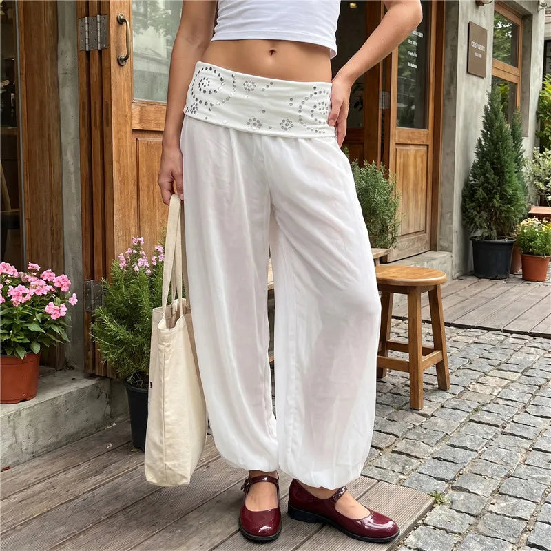 Sheer Mesh Harem Pants for Women with Rhinestone Waistband Low Waist Loose See-Through Beach Cover Up Trousers