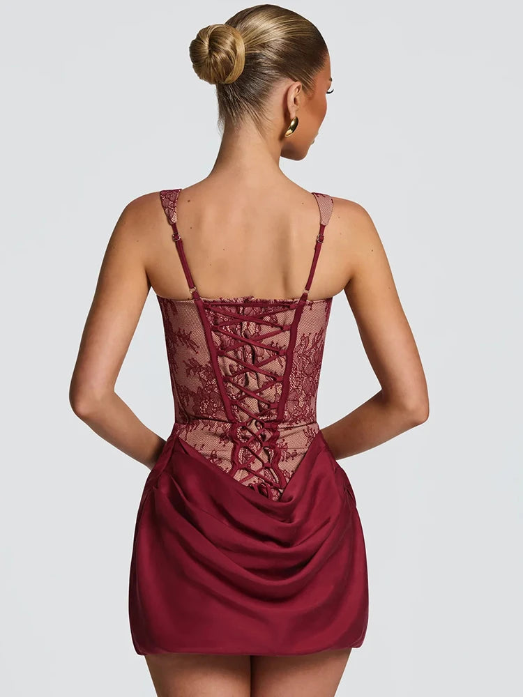 Lace Corset Mini Dress Women Square Neck Wide Strap Ruched Satin Bodycon Short Dress Club Party Cocktail Vestidos