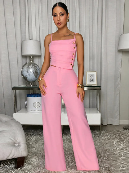 Fashion 2 Piece Set Women Trend Button Patchwork Ruched Square Collar Camisole+Wide-Leg Pants Simple Party Streetwear