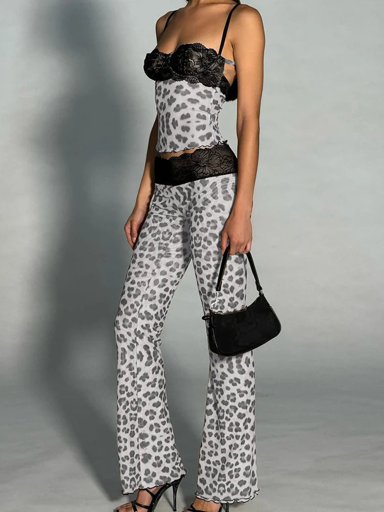 Street Wild Trend 2 Piece Set Women Sexy Cleavage Sleeveless Crop Tops+Leopard Print Skinny Pants Mesh Patchwork Suit