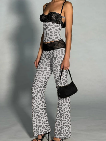 Street Wild Trend 2 Piece Set Women Sexy Cleavage Sleeveless Crop Tops+Leopard Print Skinny Pants Mesh Patchwork Suit