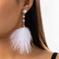 Romantic Long Tassel Fluffy Feather Drop Earrings for Women Wed Elegant Boho Imitation Pearl Dangle Earring Y2K Jewelry