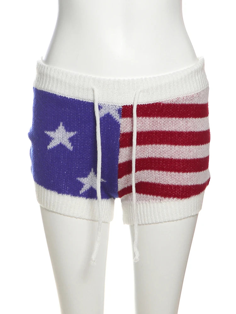 Summer Sweet 2-Piece Set Women Solid Backless Sleeveless Elegant Tops+ Pentagram Stripes Knit Shorts Matching Suits