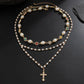 2Pcs/Set Boho Exquisite Imitation Pearl Acrylic Rhinestone Choker Necklace Trend Gold Color Cross Pendant Necklace Jewelry