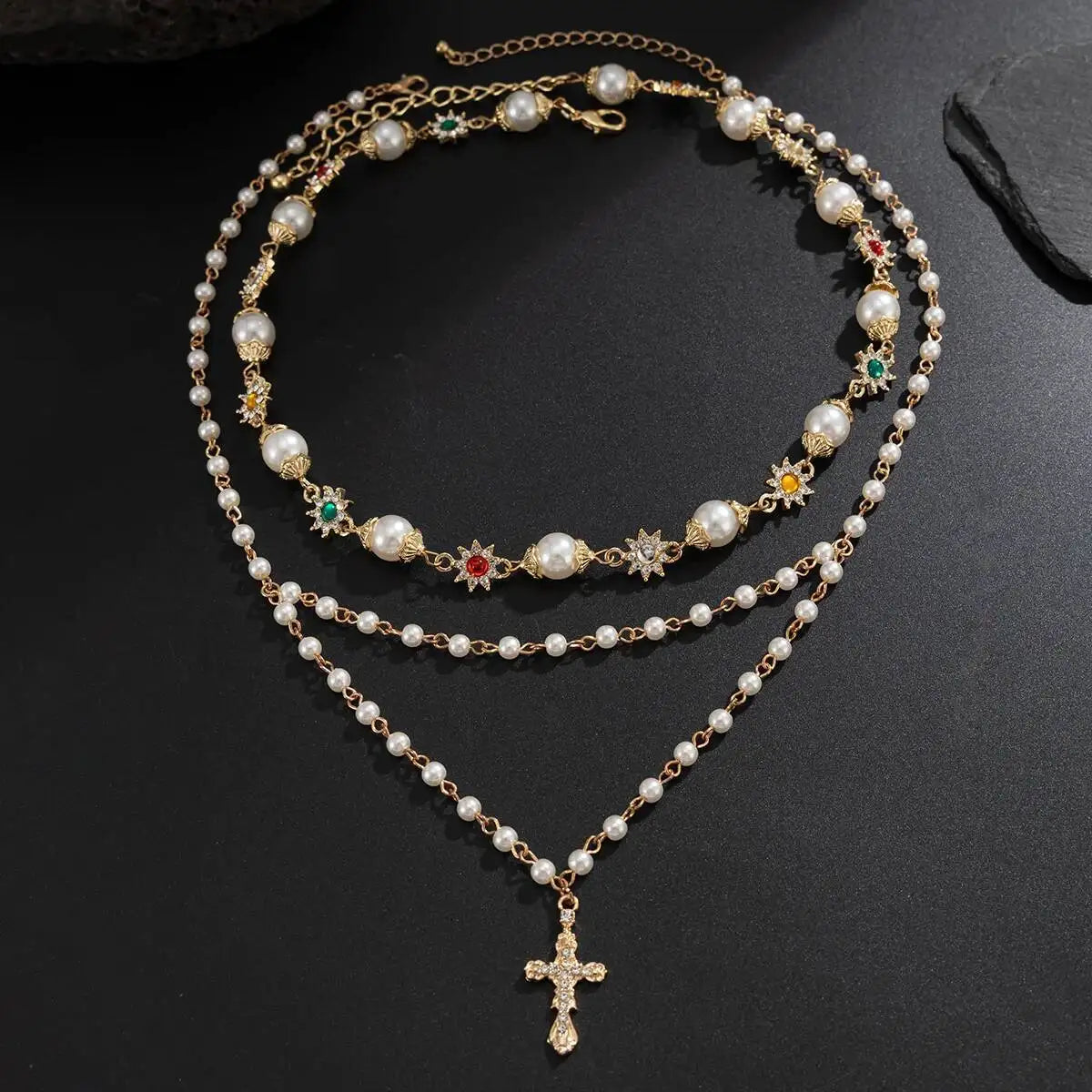 2Pcs/Set Boho Exquisite Imitation Pearl Acrylic Rhinestone Choker Necklace Trend Gold Color Cross Pendant Necklace Jewelry