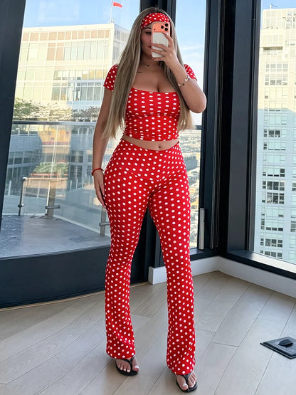Summer 3Piece Set Polka Dot Print Women Simple Headband+Square Collar t-Shirt+Elastic Waistbell-Bottoms Sporty Style Suit