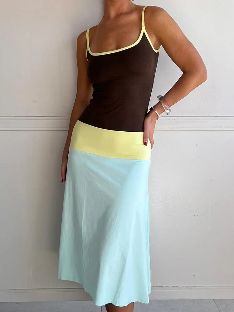 Color Blocked Sexy Midi Dress For Women 2026 Summer Spaghetti Strap Sleeveless Backless Slim Fit Vacation Club Dress