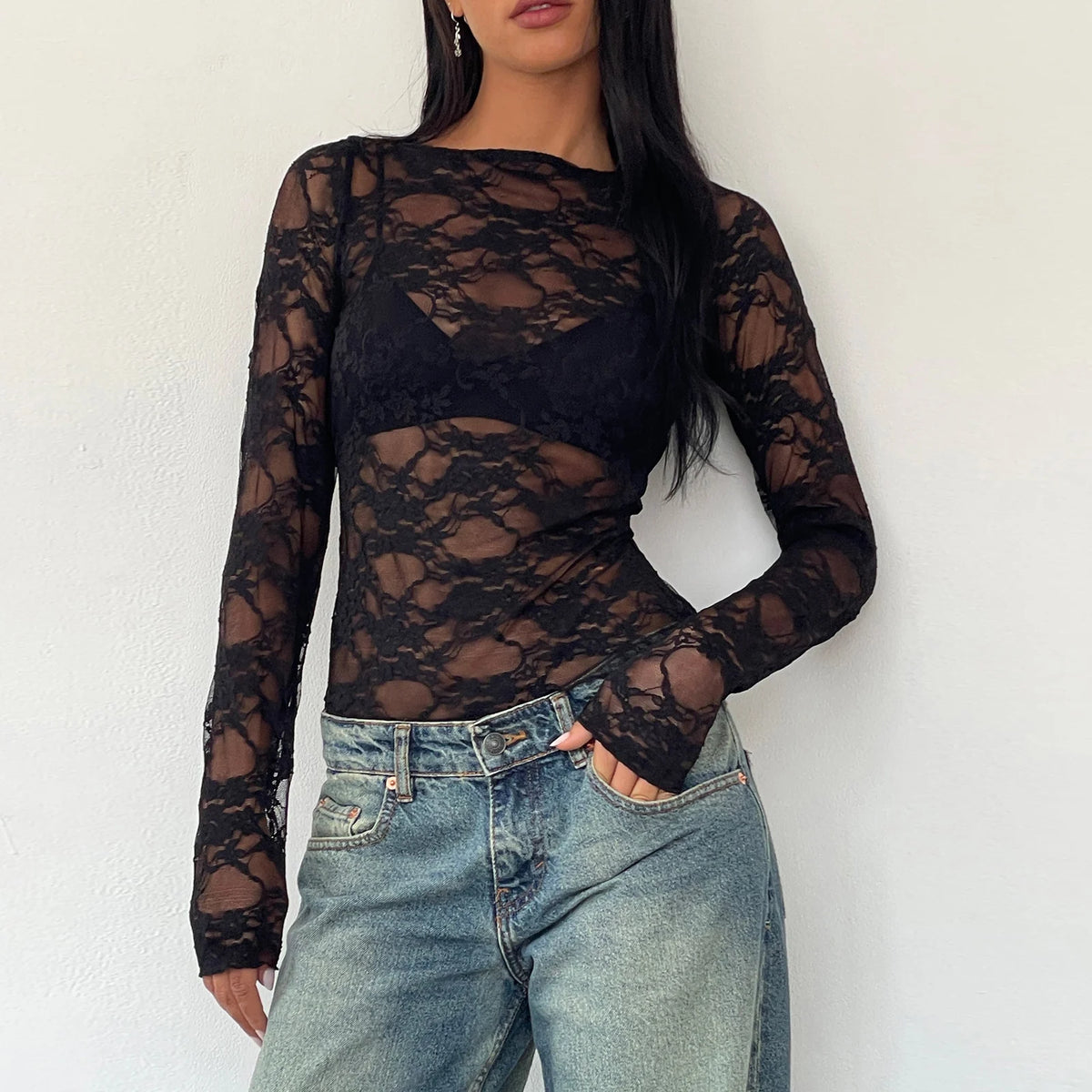 Sexy Club Party Low Cut T Shirt Vintage Floral Lace Sheer Crop Tops 2 Piece Set Matching Bralette Women Long Sleeve Tee