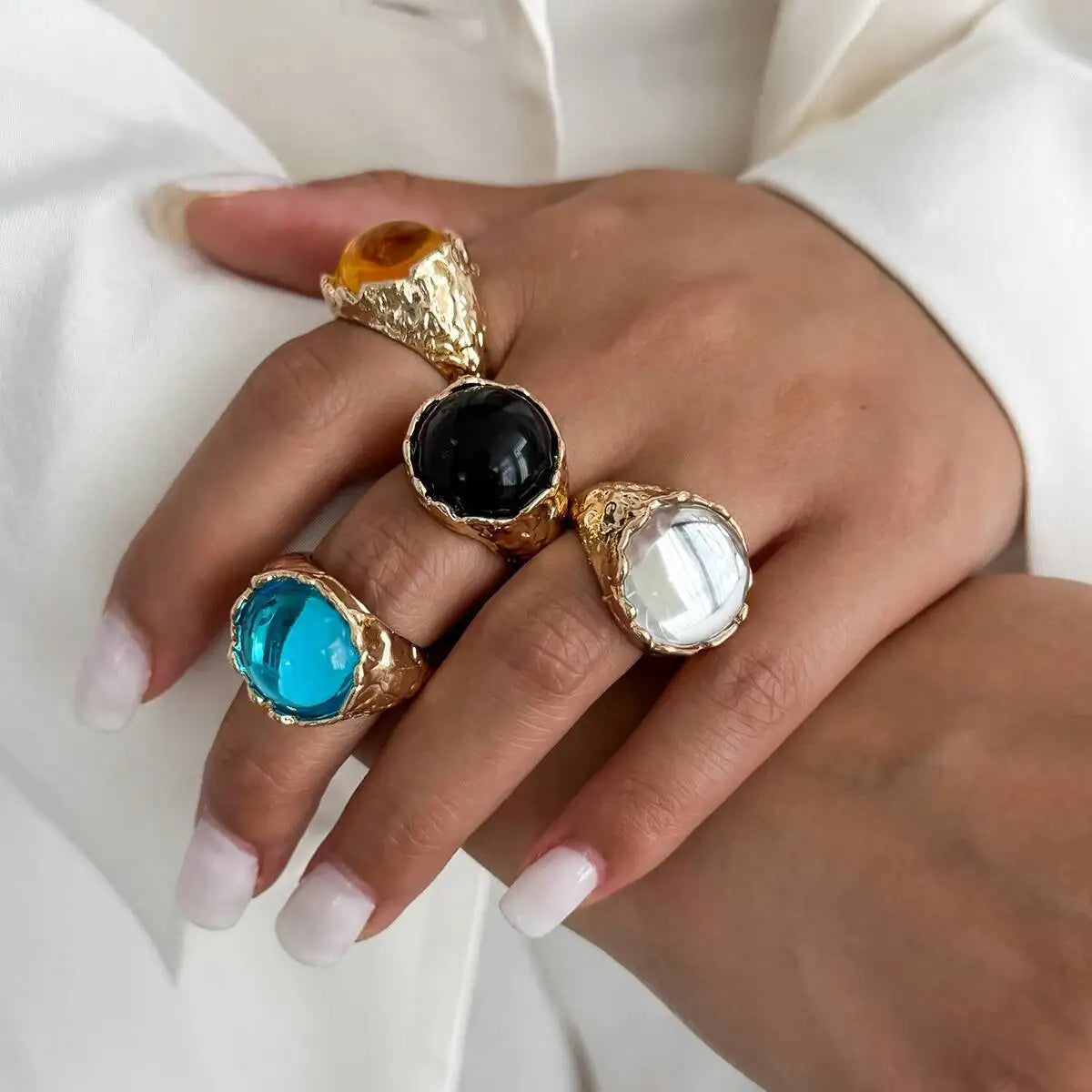 Vintage Irregular Acrylic Rhinestone Metal Rings Trendy Geometric Aesthetic Women's Finger Jewelry Gift