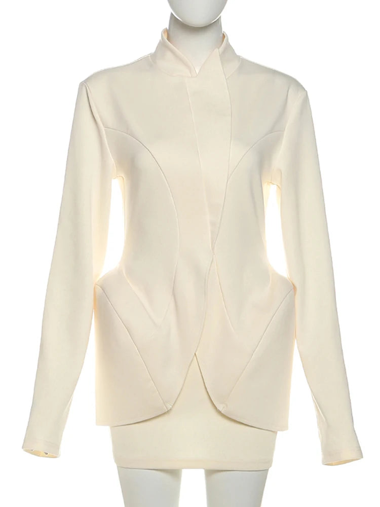 Elegant Office 2-Piece Set Women Stand Collar Irregular Hem Top+Peach Hip Skirt Matching Simple Streetwear Outfits