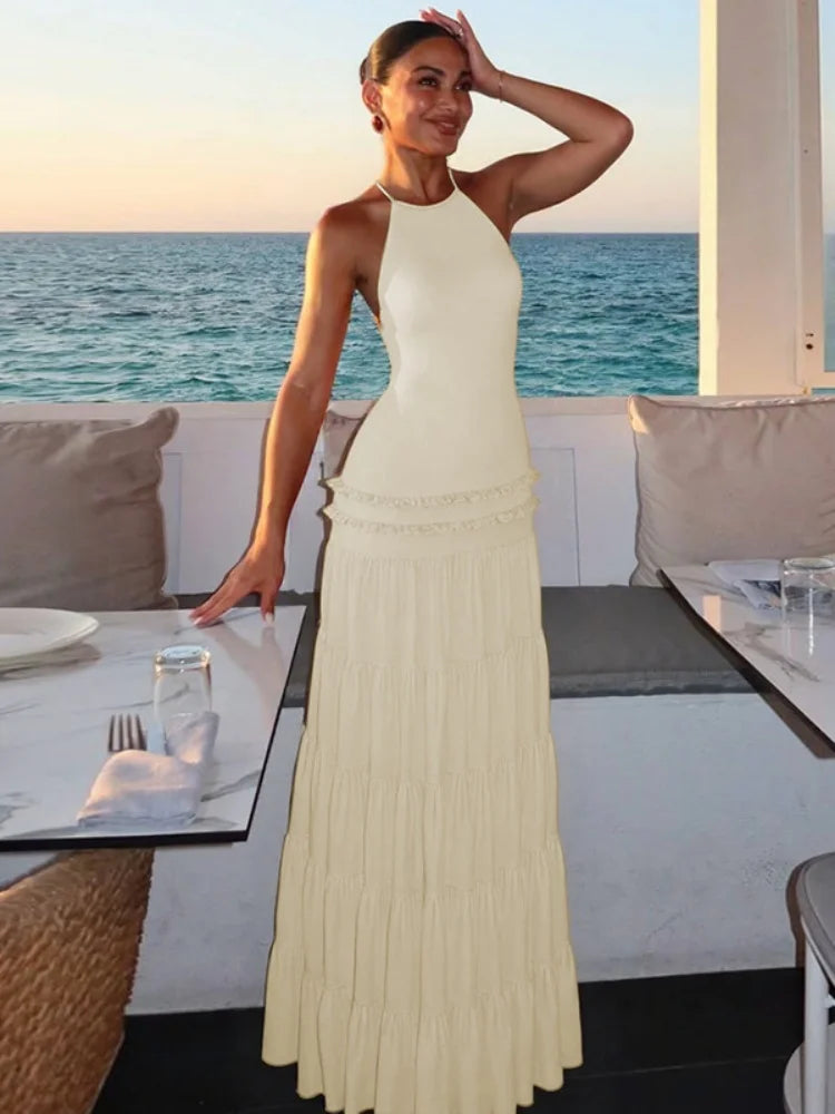 Halter Backless Frilly Maxi Dress Sexy Elegant Beach Party Fit and Flared Dresses Woman Vacation Outfits