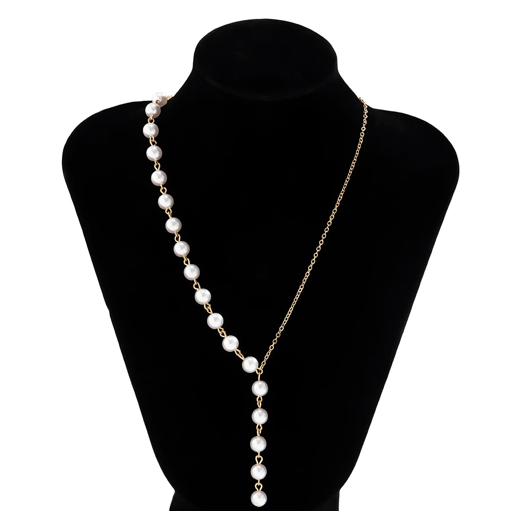 Elegant Asymmetric Imitation Pearl Chest Chain Necklace Women Wed Bridal Kpop Bead Long Choker Accessories Jewelry New