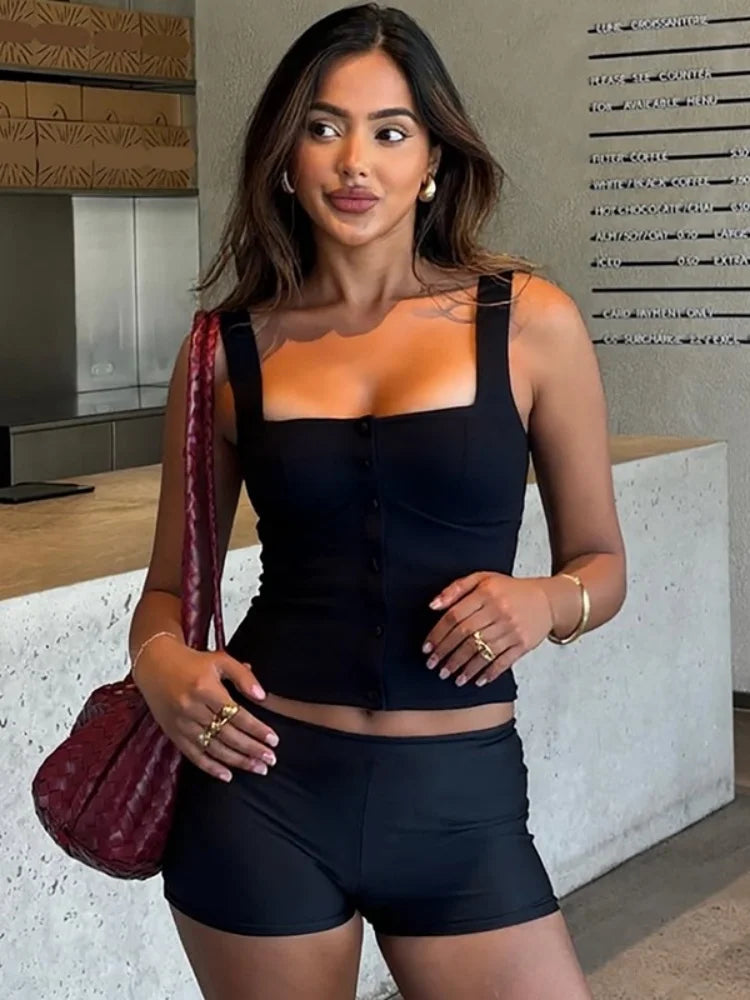 Solid Color Button Up Square Neck Low Cut Tank Tops for Woman Clothing Sexy Summer Going Out Tops Y2k