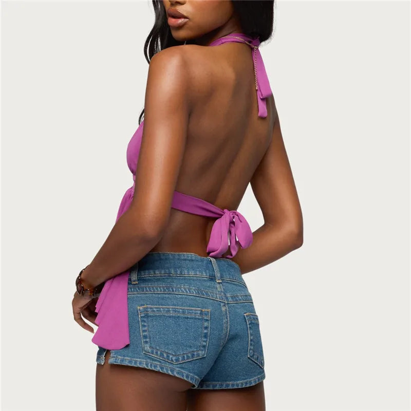 Y2K Women Open Front Halter Camisole Deep V O-Ring Decor Back Tie Backless Ruffle Hem Sleeveless Retro Street Party Tank
