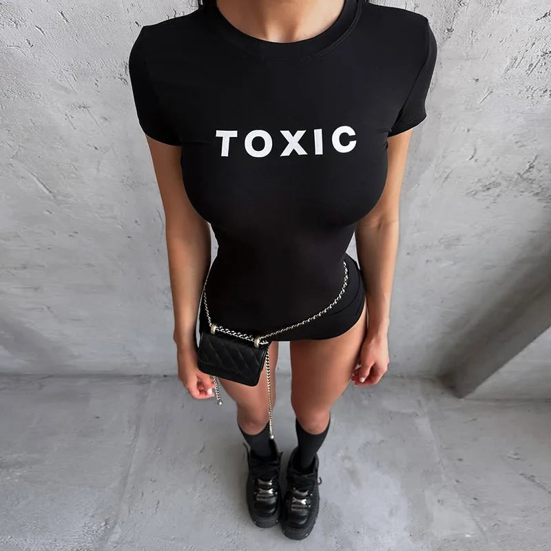 Crew Neck Short Sleeve Romper Sexy Outfit Letter Print Black One Pieces Jumpsuit Summer Woman Clothing 2025