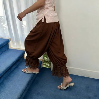 Solid Elastic Mid Rise Ruffle Pantaloons Cropped Flared Slips Pants Pajama Bottoms Women Y2K Lace Trim Hem Long Bloomers