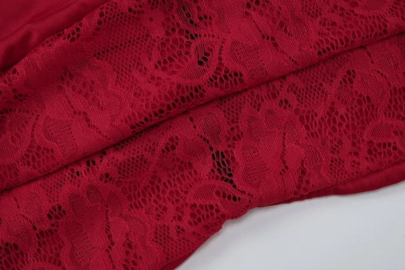 Off Shoulder Long Sleeve Bodycon Mini Dresses Sexy See Through Lace Patchwork Red Black Party Dress Woman