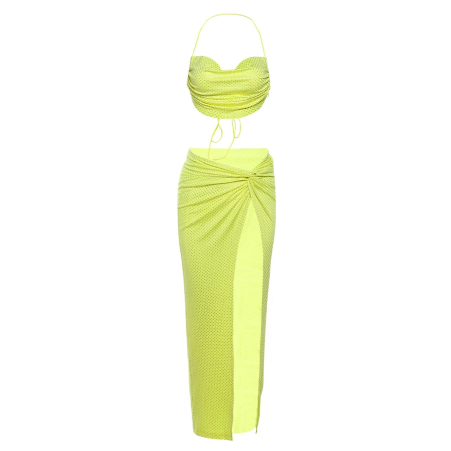 Elegant Solid Women 2 Piece Set Summer Trend Swing Collar Camisole+Knot Split Skirts Matching Skinny Clubwear Outfits