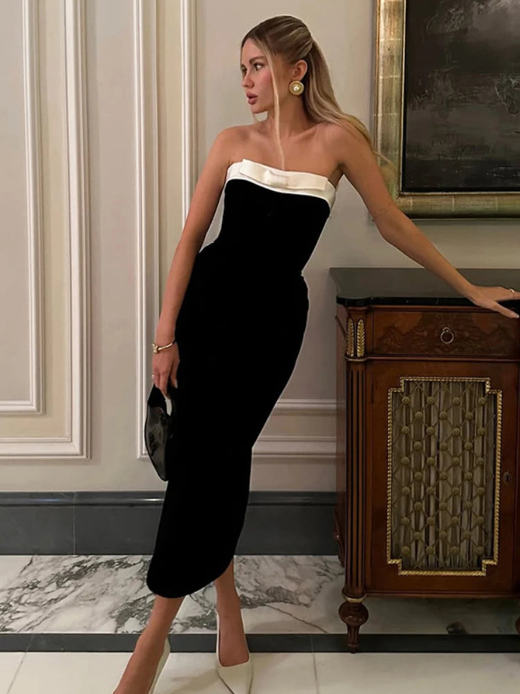 Black and White Patchwork Bow Strapless Long Dresses Elegant Sexy Dinner Dress Women Evening Party Wear