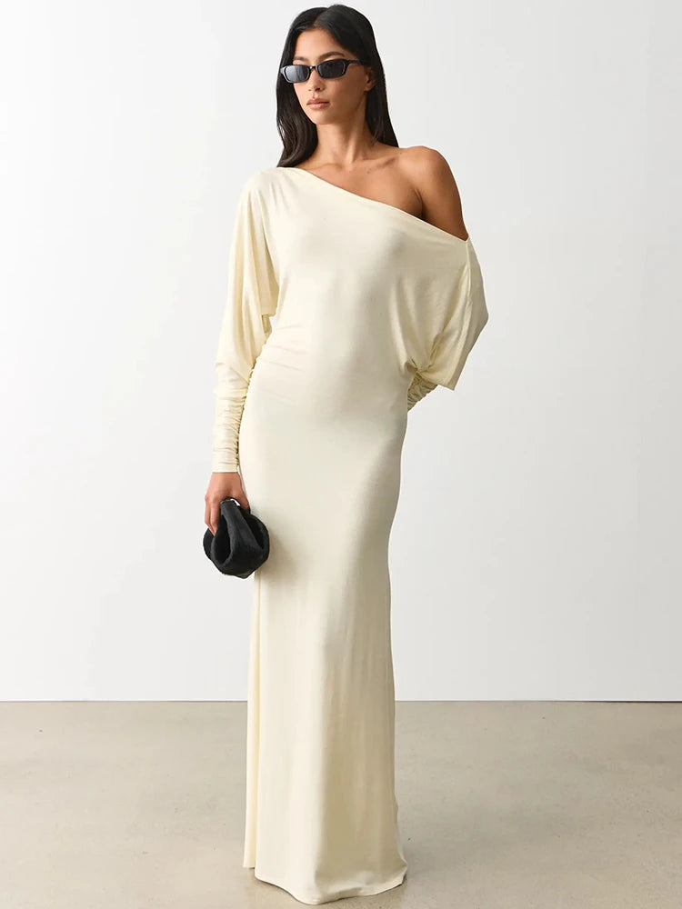 Women Elegant Off Shoulder Sexy Maxi Dress Batwing Long Sleeve Ruched Bodycon Dress Evening Party Wedding Guest Dress