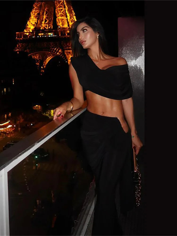 Pleats Elegant 2 Piece Set Women Sexy Low Neck Sleeveless Crop Tops+Irregular Waist Tassel Straight pants Solid Suit