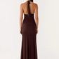 Halter Deep V Neck Sexy Maxi Dress Women Elegant Off-shoulder Sleeveless Backless Draped Ruched Slinky Club Party Dress