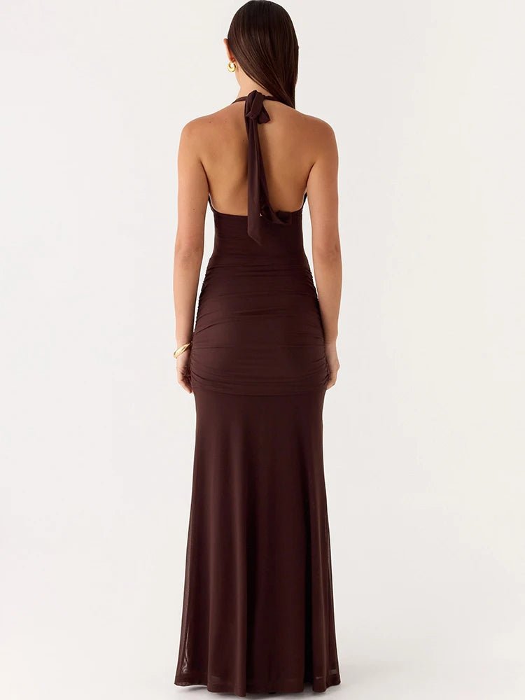 Halter Deep V Neck Sexy Maxi Dress Women Elegant Off-shoulder Sleeveless Backless Draped Ruched Slinky Club Party Dress