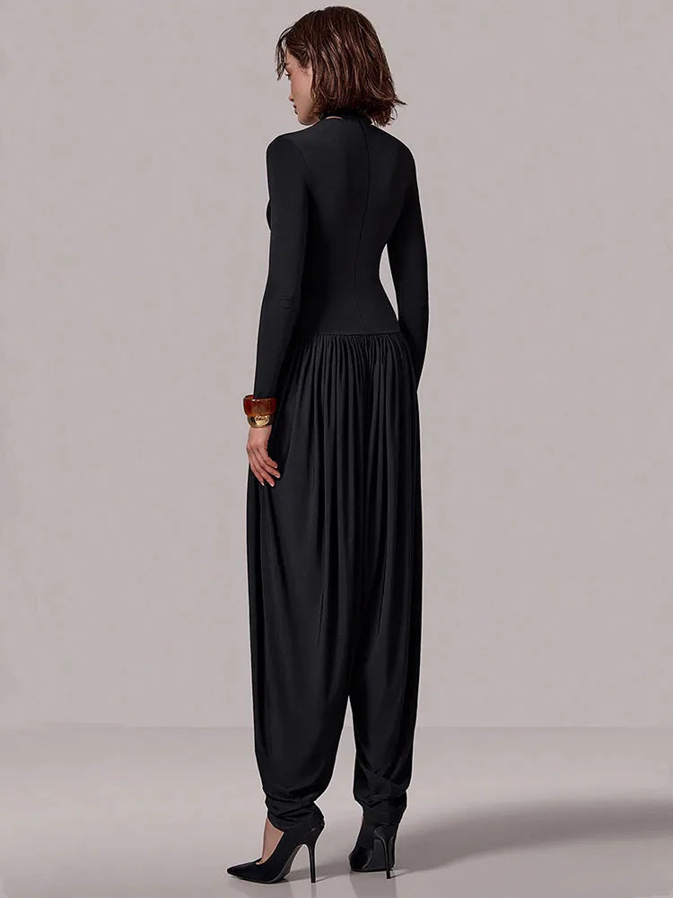 Long Sleeve Draped Sexy Jumpsuit Women Overalls Autumn Winter New Patchwork Solid Turtleneck High Waist Slim Jumpsuis