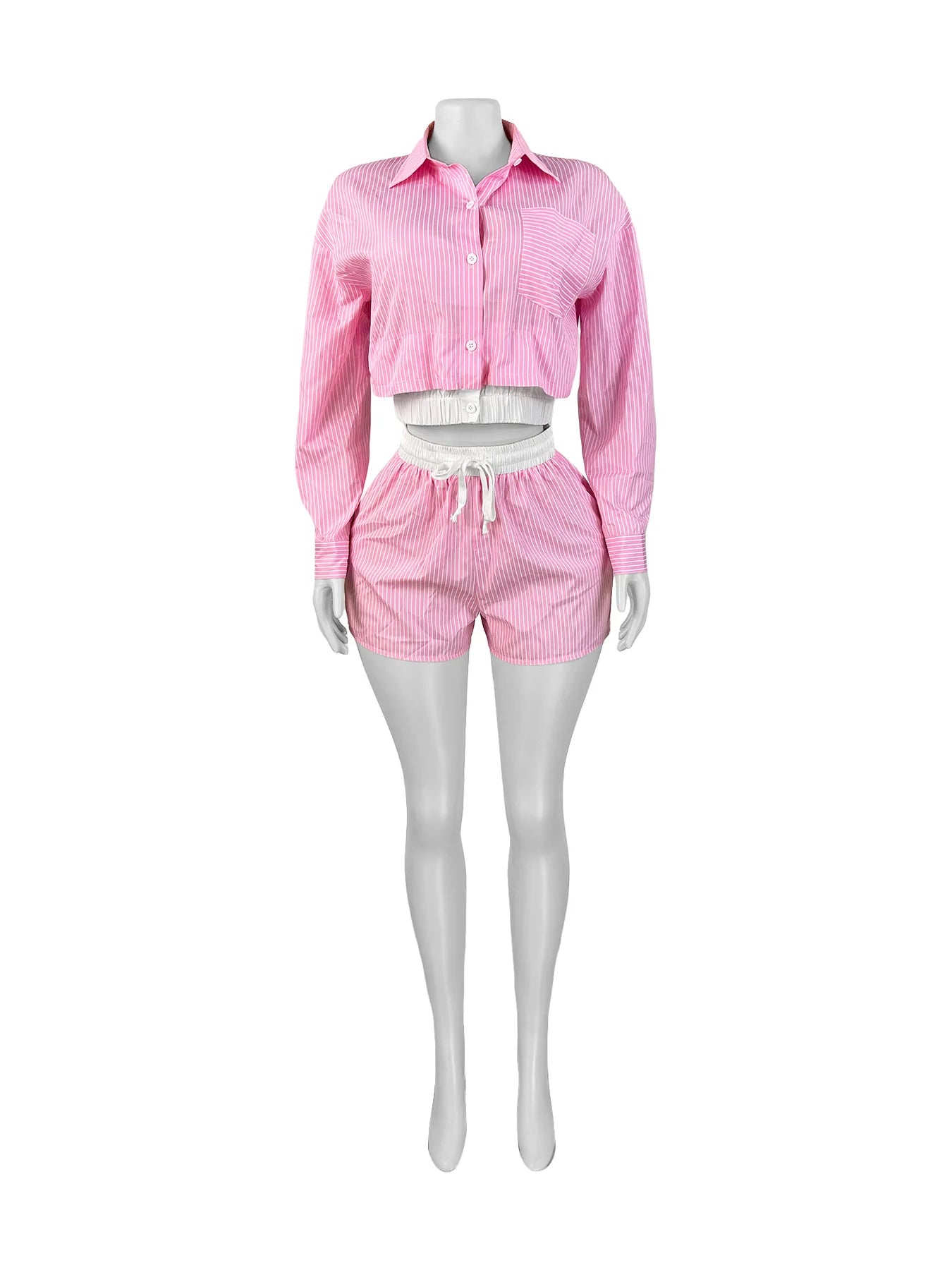 Stripe Print 2Piece Set Women Patchwork Waistband Single-Breasted Blouse+Drawstring Shorts Casual Street Simple Suit