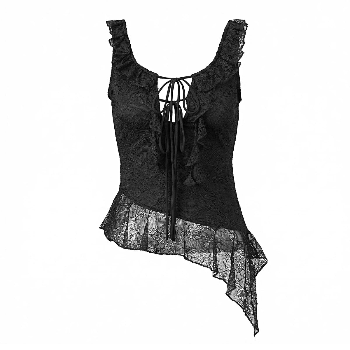 Women's Lace Cami Top Asymmetric Ruffle Hem Front Tie Sexy Slim Fit Lace Keyhole Cutout Camisole Party Club Tops