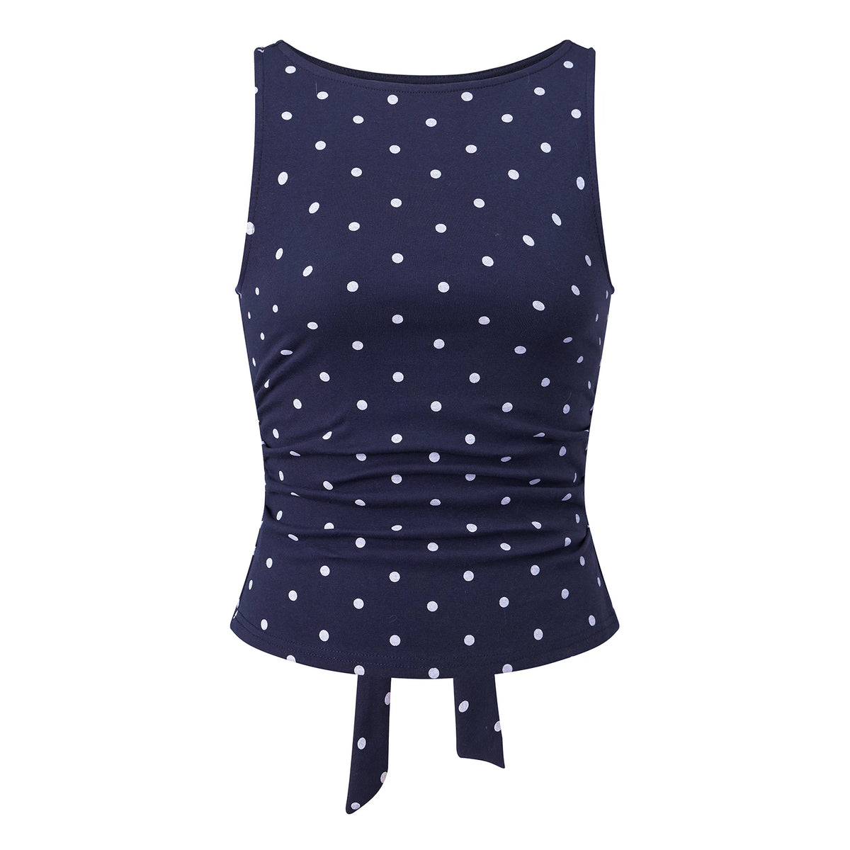 Women's Y2K Polka Dot Sleeveless Tank Top Boat Neck Ruched Side Back Tie Knot Cropped Blouse Casual Summer Streetwear