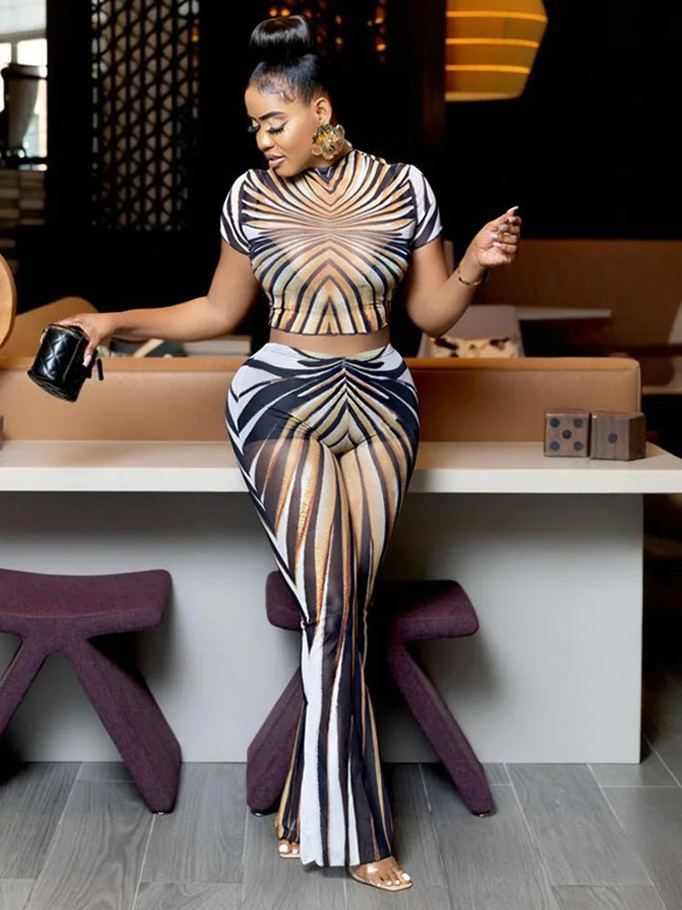 See Through Women 2Piece Set Sexy Stripe Print Summer Trend Shorts Sleeve Crop Tops+Flare Pants Matching Club Outfits
