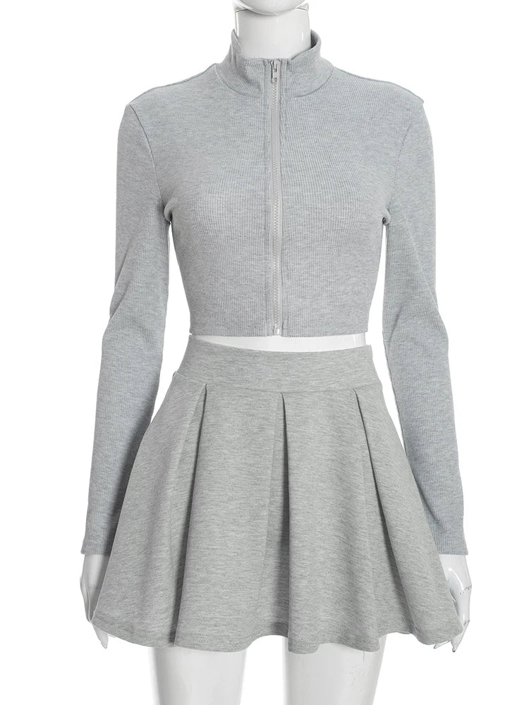 Winter Trend Casual Sport 2piece Set Women Zip Ribbed Crop Top+Pleated Skirt Matching Skinny Stretch Streetwear Outfits