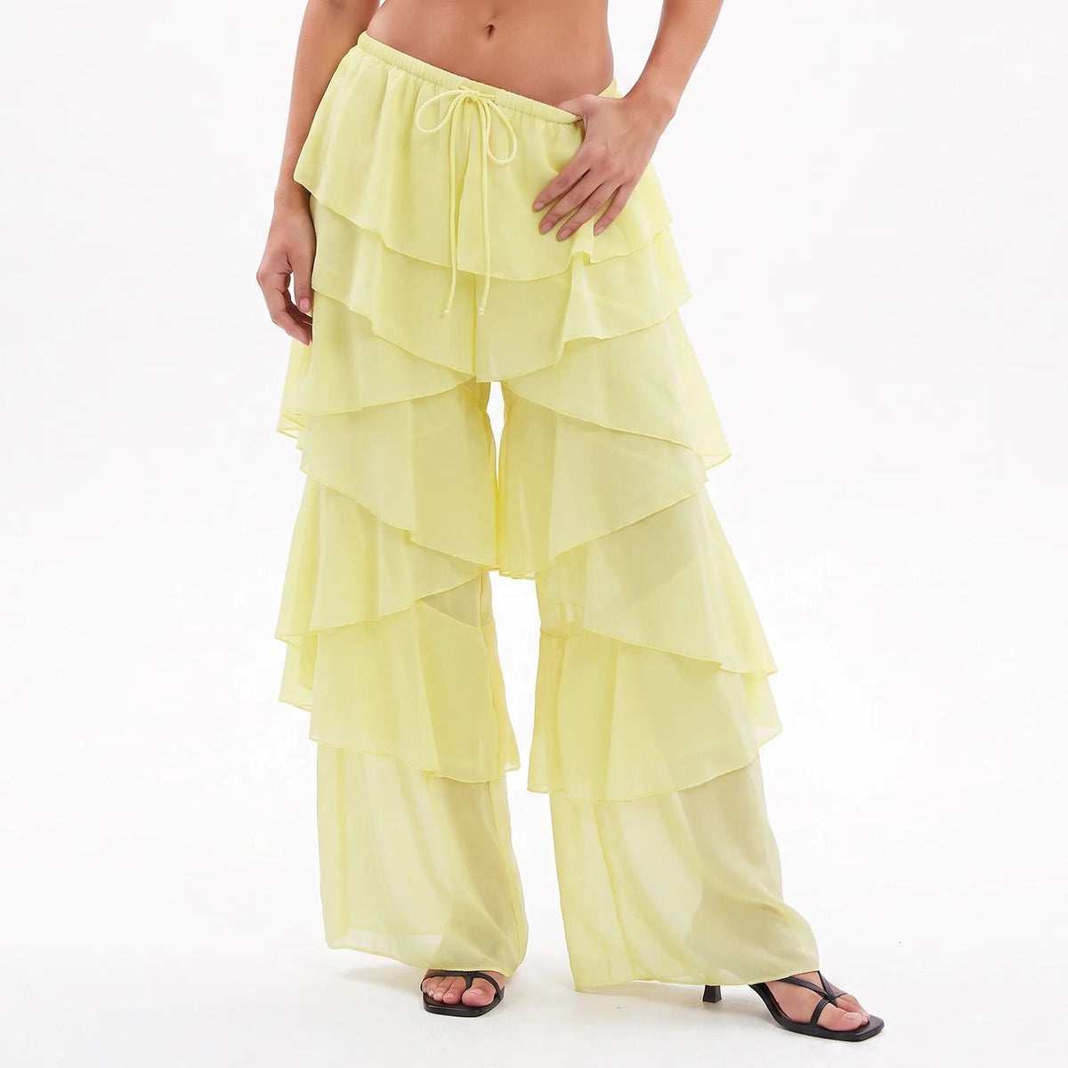 Tiered Ruffle Sheer Chiffon Wide Leg Pants Women Beach Bikini Cover Up Drawstring Waist Casual Vacation Trousers