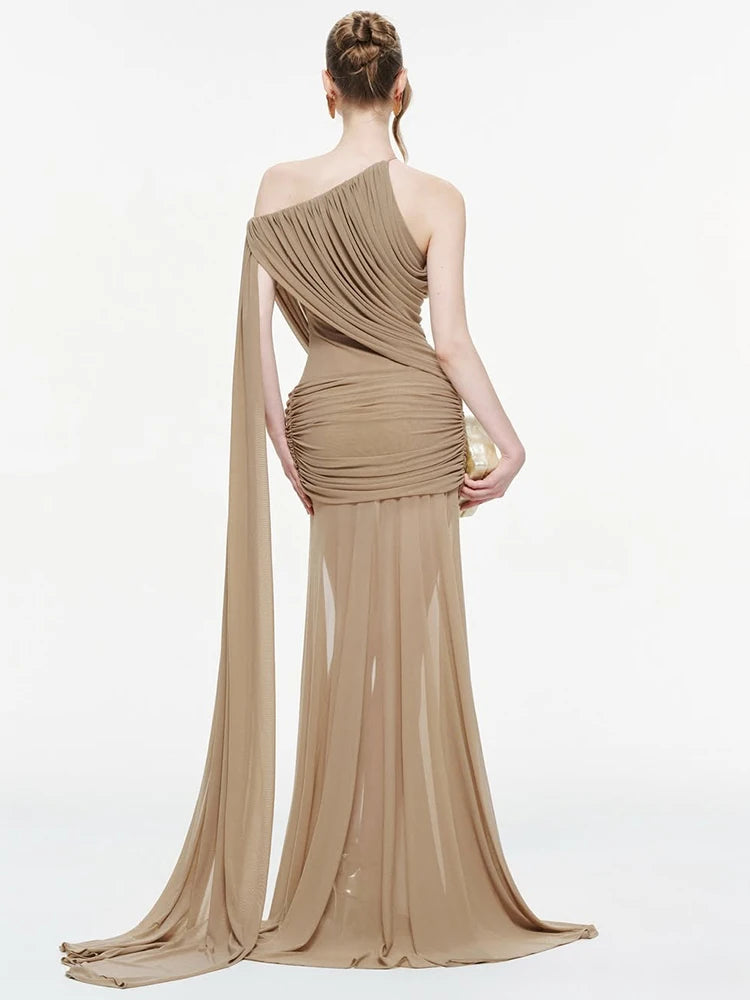 Inclined Shoulder See Through Hem Maxi Dress Women Folds Long Tassel Sleeveless Elegant Vacation Prom Party Chic Vestidos